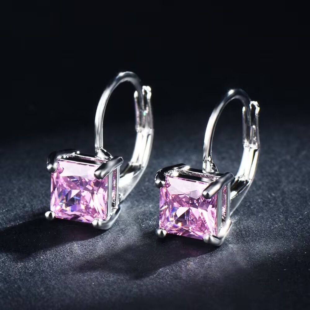 Pink Zirconia Crystal Square Drop Earrings Silver Princess Cut Dangle Gemstone